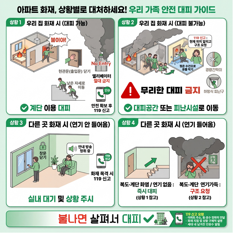 아파트 화재, 상황별로 대처하세요! 우리 가족 안전 대피 가이드