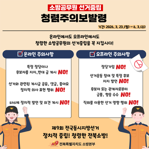 소방공무원 선거중립 청렴주의보 발령
기간 : 2026.3.23.(월) ~ 6.3.(수)
온라인에서도 오프라인에서도 청렴한 소방공무원의 선거중립을 꼭 지킵시다!
온라인 주의사항
- 특정 정당이나 후보자를 지지  반대 글 게시 NO!
- 선거와 관련된 게시글 공유  댓글  좋아요 정치적 의사표현 행위 NO!
- sns에 정치적 발언 및 의견 게시 NO!
오프라인 주의사항
- 정당가입 NO!
-선거운동 참여 및 특정 후보 지지 발언 NO!
-후보자 또는 관계자ㅗ부터 금춤  향응 수수 NO!
-직위를 이용한 선거 영향 행위 NO!

제9회 전국동ㅅㅣ지방선거
정치적 중립! 청렴한 전북소방!
전북특별자치도 소방본부