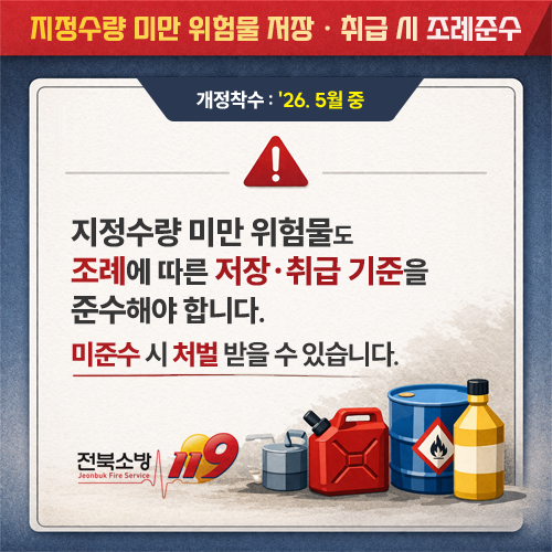 지정수량 미만 위험물 저장 · 취급 시 조례준수 
개정착수 : 26. 5월 중
지정수량 미만 위험물도 조례에 따른 저장·취급 기준을 준수해야 합니다. 미준수 시 처벌 받을 수 있습니다.
전북소방 119